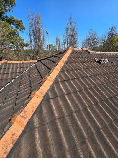 Fresh sand-and-cement bedding being laid under ridgecaps on a tile roof